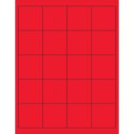 A red grid of four columns and five rows forms twenty equal squares outlined in black, resembling the MH-USA 2 x 2 Fluorescent Red Rectangle Laser Labels - 20 Labels/Sheet (100 Sheets/Box).