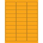 A sheet of MH-USA 2 5/8 x 1 fluorescent orange rectangle laser labels arranged in a 3 by 10 grid, totaling 30 labels per sheet.