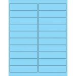 The MH-USA 4 x 1 Fluorescent Pastel Blue Rectangle Laser Labels have rounded edges, arranged in four columns and five rows. Each sheet contains 20 evenly spaced labels. They come in boxes of 100 sheets for comprehensive labeling needs.
