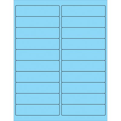 LL177BE.jpg The MH-USA 4 x 1 Fluorescent Pastel Blue Rectangle Laser Labels have rounded edges, arranged in four columns and five rows. Each sheet contains 20 evenly spaced labels. They come in boxes of 100 sheets for comprehensive labeling needs.
