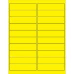 A yellow rectangular sheet with 20 evenly spaced, rounded-corner labels is similar to the MH-USA 4 x 1 Fluorescent Yellow Rectangle Laser Labels available in boxes containing 100 sheets each.