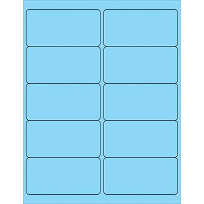 LL178BE.jpg A sheet displays a grid of ten MH-USA 4 x 2 fluorescent pastel blue rectangle laser labels, in two columns and five rows. Each label has a thin black border and is evenly spaced against the light blue background.