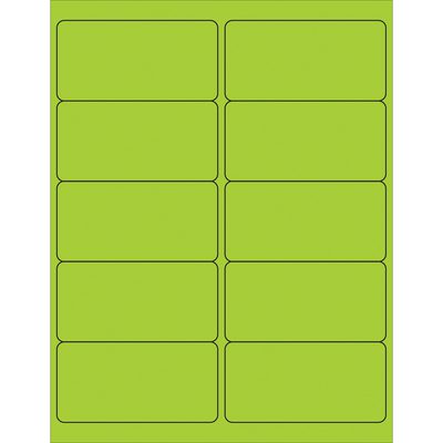 LL178GN.jpg A sheet of MH-USA 4 x 2 fluorescent green rectangle laser labels includes 10 labels, organized into two columns and five rows. Each label has rounded corners with thin black outlines on a white background.