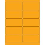 The MH-USA 4 x 2 Fluorescent Orange Rectangle Laser Labels come in sheets with 10 labels, organized in two columns and five rows. Each label is highlighted with a thin black outline and evenly distributed on the orange sheet.