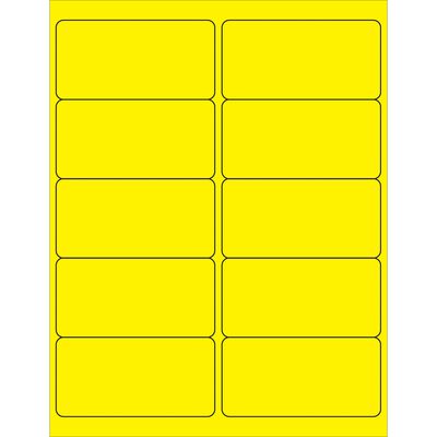 LL178YE.jpg The MH-USA 4 x 2 fluorescent yellow rectangle laser labels have rounded corners, arranged in a grid of 2 columns and 5 rows, with 10 labels per sheet.