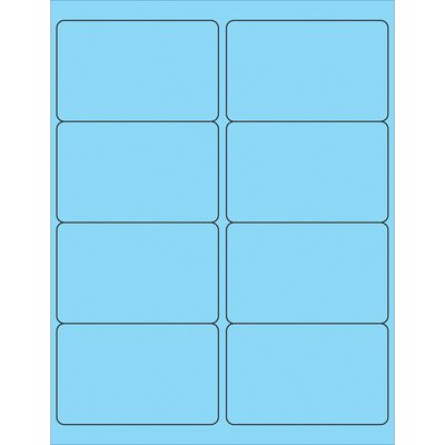 LL179BE.jpg The MH-USA 4 x 2.5 fluorescent pastel blue laser labels, with rounded corners, are arranged in two columns and four rows against a slightly darker blue background, totaling eight labels per sheet.