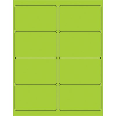 LL179GN.jpg The MH-USA 4 x 2 1/2 fluorescent green rectangle laser labels come in sheets with eight labels each, arranged in two columns and four rows. Each label has rounded edges and is separated by thin black lines.