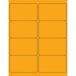 The MH-USA 4 x 2 1/2 Fluorescent Orange Rectangle Laser Labels, featuring eight labels per sheet with rounded corners and black outlines, come in two columns and four rows. Ideal for high-visibility needs, they are packaged as 100 sheets per box.