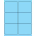 The MH-USA 4 x 3 1/3 Fluorescent Pastel Blue Rectangle Laser Labels feature six labels per sheet on a light blue backdrop, arranged in two columns and three rows, ideal for any labeling need.