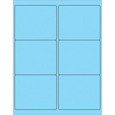 LL180BE.jpg The MH-USA 4 x 3 1/3 Fluorescent Pastel Blue Rectangle Laser Labels feature six labels per sheet on a light blue backdrop, arranged in two columns and three rows, ideal for any labeling need.
