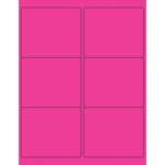 An image of a fluorescent pink sheet displays MH-USA 4 x 3 1/3 rectangle laser labels, divided into six equal sections.