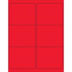 A sheet of MH-USA 4 x 3 1/3 fluorescent red rectangle laser labels features six vibrantly colored labels arranged in two columns and three rows.