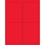 The MH-USA 4 x 5 Fluorescent Red Rectangle Laser Labels (4/Sheet) have four equal sections in a 2x2 grid on a white background.
