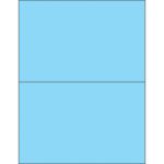 The MH-USA 8 1/2 x 5 1/2 Fluorescent Pastel Blue Rectangle Laser Labels feature a light blue rectangular shape divided into two equal sections on each sheet.