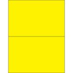 A straightforward design with two equal-sized yellow rectangles stacked vertically, separated by a thin black line, illustrates the layout of MH-USA 8 1/2 x 5 1/2 Fluorescent Yellow Rectangle Laser Labels (2/Sheet) for easy visualization.