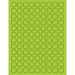 A sheet of MH-USA 3/4 fluorescent green circle laser labels features evenly spaced, perfect circles with black outlines arranged in a 10x8 grid, totaling 108 labels per sheet.