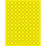 The MH-USA 3/4 fluorescent yellow circle laser labels feature a grid of 108 evenly spaced, black-outlined vibrant labels per sheet, sold in boxes of 100 sheets.