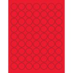 A sheet of MH-USA 1 Fluorescent Red Circle Laser Labels contains 63 vivid stickers, outlined in black and arranged in a grid, ideal for adding vibrant color to various projects.