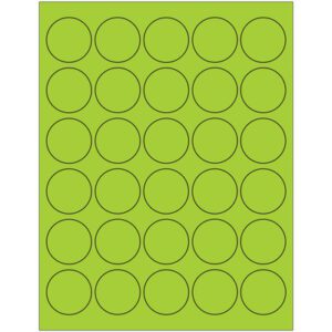 The MH-USA 1 1/2 fluorescent green circle laser labels sheet comprises 30 vibrant circles, arranged in five rows and six columns, each outlined in black.