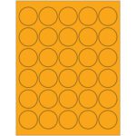 An orange sheet with a grid of evenly spaced black circles in five rows and columns, similar to MH-USA 1 1/2 Fluorescent Orange Circle Laser Labels (30/Sheet), offers a total of 25 distinct circles.