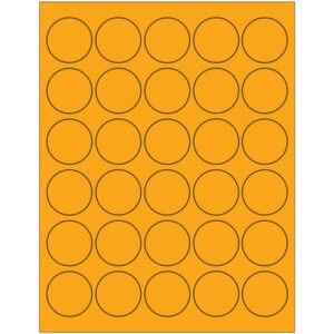 An orange sheet with a grid of evenly spaced black circles in five rows and columns, similar to MH-USA 1 1/2 Fluorescent Orange Circle Laser Labels (30/Sheet), offers a total of 25 distinct circles.