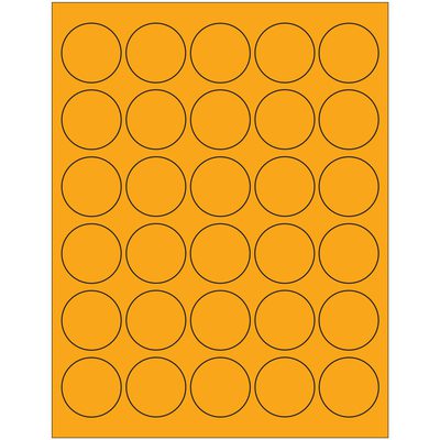 LL192OR.jpg An orange sheet with a grid of evenly spaced black circles in five rows and columns, similar to MH-USA 1 1/2 Fluorescent Orange Circle Laser Labels (30/Sheet), offers a total of 25 distinct circles.