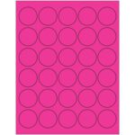 A sheet of MH-USA 1 1/2 Fluorescent Pink Circle Laser Labels (30/Sheet) features vivid pink circles arranged in a 5x6 grid with thin black outlines for an eye-catching display.