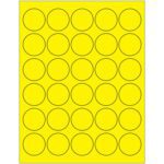 A sheet with 24 blank circles on a vibrant yellow background, arranged in a 4x6 grid, similar to the MH-USA 1 1/2 Fluorescent Yellow Circle Laser Labels (30/Sheet) for precision and style.