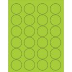 The MH-USA 1 5/8 Fluorescent Green Circle Laser Labels feature a grid of vibrant green circles with black outlines, arranged in four columns and six rows. Each sheet contains 24 labels, providing a bold and striking design to enhance any project.