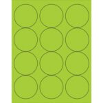 A sheet beautifully displays 12 MH-USA 2 1/2 Fluorescent Green Circle Laser Labels, outlined in black, arranged in a 3x4 grid on a green background for vibrant organization.