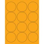 A sheet showcasing MH-USA 2 1/2 Fluorescent Orange Circle Laser Labels includes a precise 3x4 grid pattern with twelve black-outlined circles.