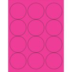 The MH-USA 2 1/2 Fluorescent Pink Circle Laser Labels feature a vibrant pink background with twelve black-outlined circles arranged in a precise 3x4 grid, perfect for all labeling needs.