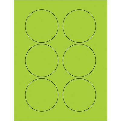 LL195GN.jpg Each sheet of MH-USA 3 Fluorescent Green Circle Laser Labels contains six black outlined circles in two vertical columns on a vivid green background.