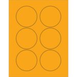 The MH-USA 3 Fluorescent Orange Circle Laser Labels pack includes 100 sheets per box, each featuring six labels arranged in two vertical columns of three.