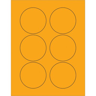 LL195OR.jpg The MH-USA 3 Fluorescent Orange Circle Laser Labels pack includes 100 sheets per box, each featuring six labels arranged in two vertical columns of three.