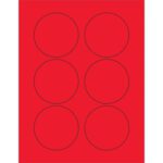A red rectangular sheet with six evenly spaced black-outlined circles mirrors the MH-USA 3 Fluorescent Red Circle Laser Labels, providing 6 labels per sheet. The vibrant hue ensures enhanced visibility and the product comes in boxes of 100 sheets.
