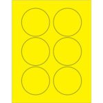 The MH-USA 3 Fluorescent Yellow Circle Laser Labels come in boxes of 100 sheets, each sheet displaying six black-outlined circles neatly arranged in two columns of three, ideal for your labeling needs.