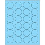 A blue sheet with five columns and five rows of black-outlined circles resembles MH-USA 1 2/3 Fluorescent Pastel Blue Circle Laser Labels, offering 24 labels per sheet and available in boxes of 100 sheets.