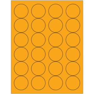 An orange rectangular sheet features four columns with five evenly spaced empty black circles, resembling the MH-USA 1 2/3 Fluorescent Orange Circle Laser Labels, 24 labels per sheet.