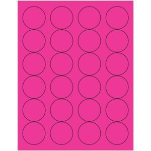 The MH-USA 1 2/3 fluorescent pink circle laser labels have five columns and rows of precisely spaced, black-outlined circles. Each sheet contains 24 labels, with 100 sheets per box, combining style and functionality.