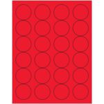A sheet with a red background features four columns and five rows of outlined black circles, resembling MH-USA 1 2/3 Fluorescent Red Circle Laser Labels, with 24 labels per sheet in a box of 100 sheets.
