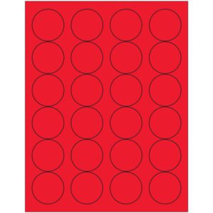 A sheet with a red background features four columns and five rows of outlined black circles, resembling MH-USA 1 2/3 Fluorescent Red Circle Laser Labels, with 24 labels per sheet in a box of 100 sheets.