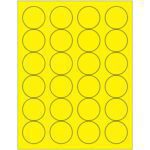 A sheet of MH-USA 1 2/3 Fluorescent Yellow Circle Laser Labels contains 24 grid-arranged, black-outlined circles in four columns and six rows.