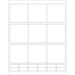 A blank comic book page features nine panels, each perfectly fitting the MH-USA 2 3/4 x 2 3/4 Glossy White Rectangle Laser Labels—9 labels per sheet. Below, eight smaller rectangles await your creativity, while larger bordered panels are prepared for artwork.