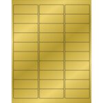 A sheet of MH-USA 2 5/8 x 1 Gold Foil Rectangle Laser Labels features a glossy finish with a layout of rectangular labels, totaling 30 per sheet.