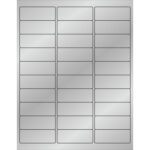 Each sheet of MH-USA 2 5/8 x 1 Silver Foil Rectangle Laser Labels contains 30 rectangular stickers arranged in three columns and ten rows, with reflective metallic labels separated by thin lines for a professional finish.