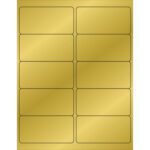 A sheet of MH-USA 4 x 2 Gold Foil Rectangle Laser Labels features ten shiny, rounded-corner labels in two columns and five rows, each highlighted by thin black outlines for a striking contrast against the metallic gold background.