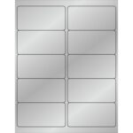 The MH-USA 4 x 2 Silver Foil Rectangle Laser Labels feature ten blank metallic labels per sheet, arranged in two columns and five rows, with rounded corners on a reflective surface. They are available in a pack of 100 sheets per box.