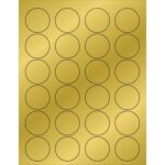 Each sheet of MH-USA 1 5/8 gold foil circle laser labels has a grid of four columns and six rows, totaling 24 round stickers. They are evenly spaced on the reflective golden sheet, with each box containing 100 sheets.