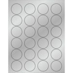 A metallic sheet with five rows of four 1 5/8 circular outlines resembles MH-USA Silver Foil Circle Laser Labels, offering a shiny appearance. Ideal for precise and stylish projects, each sheet contains 24 labels.